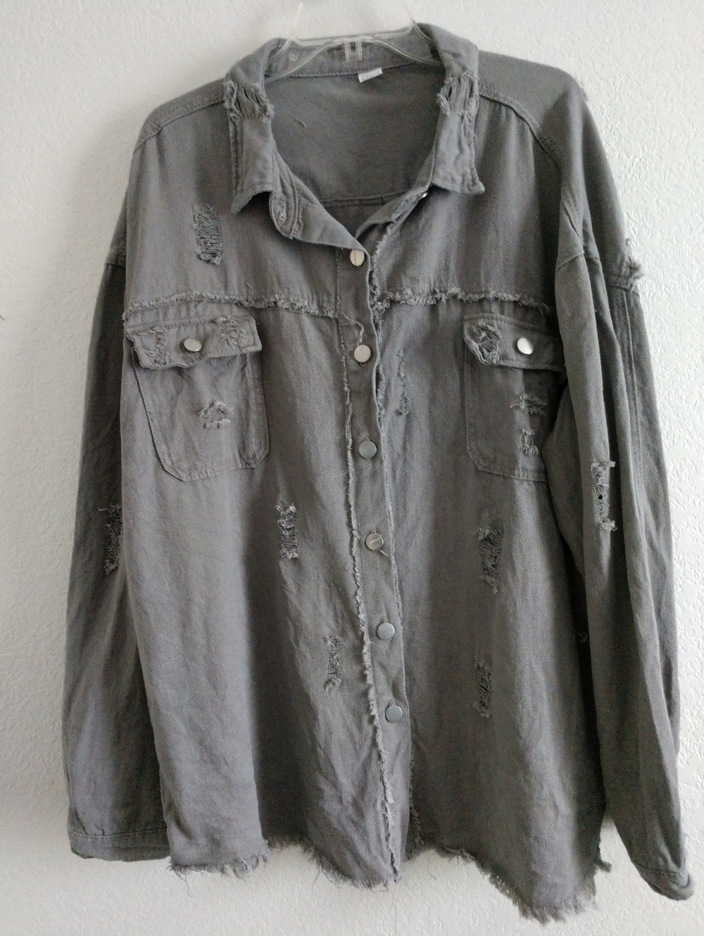 Shein Distressed Destroyed Gray Denim Shirt Goth Punk Size 3X, Chest 50"
